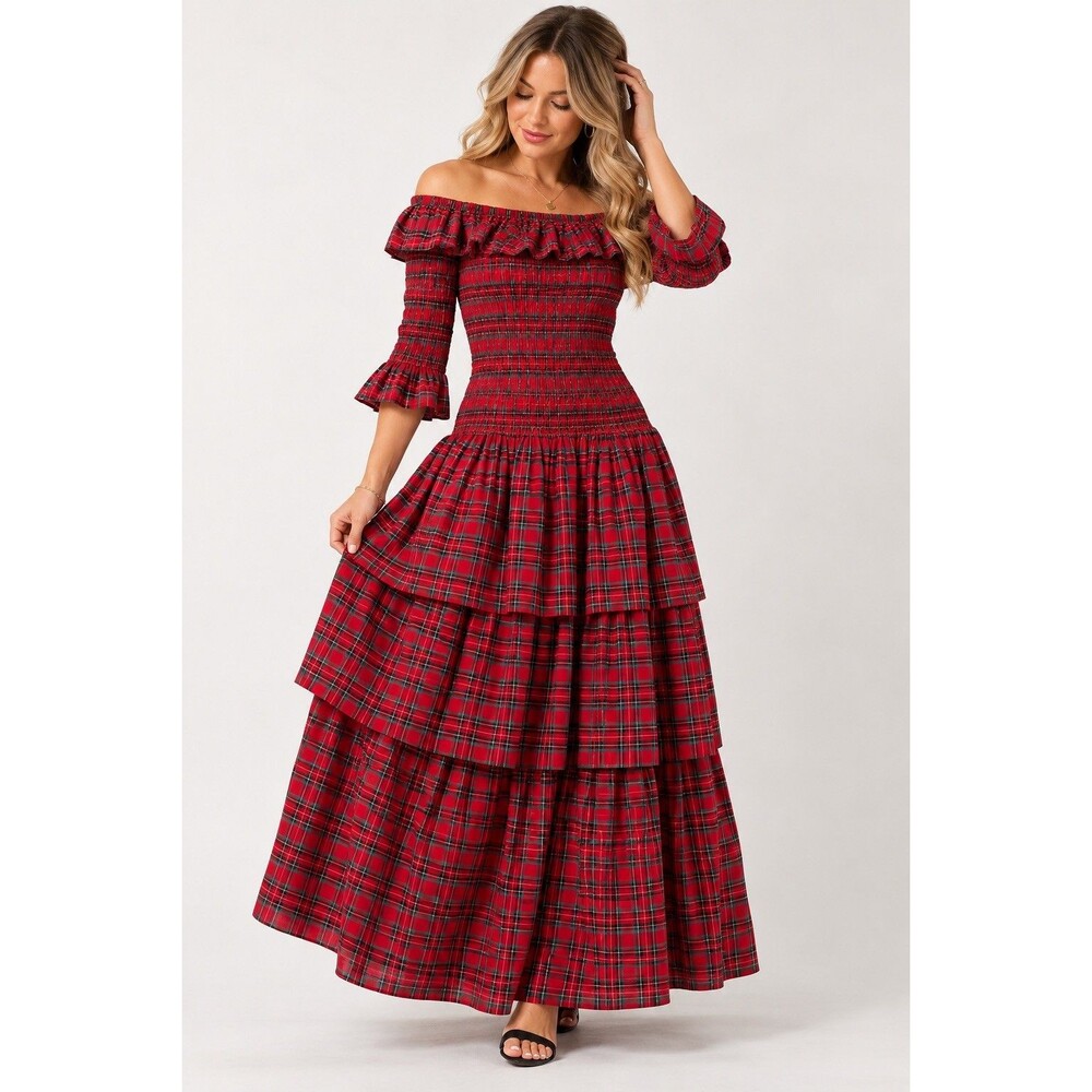Sugarlips Plaid Smocked Off Shoulder Maxi Dress Size M Red Tartan Cottagecore